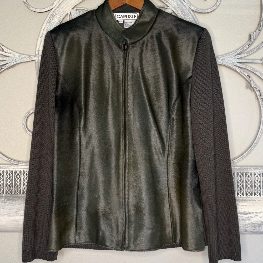 Vintage 90's Carlisle Olive Leather Calf Hair & Virgin‎ Wool Knit Zip Jacket XXL